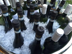 White wine bottles in cooler with crushed ice