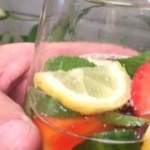 Pims party cocktail with fruit and vegies, close up picture