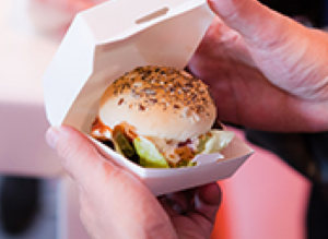 Mini burger for walking dinner catering in burger box.