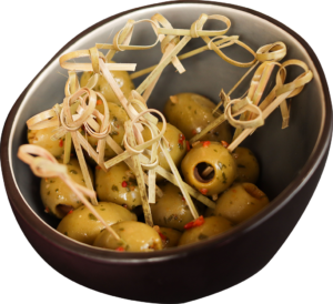 Marinated olives on a skewer